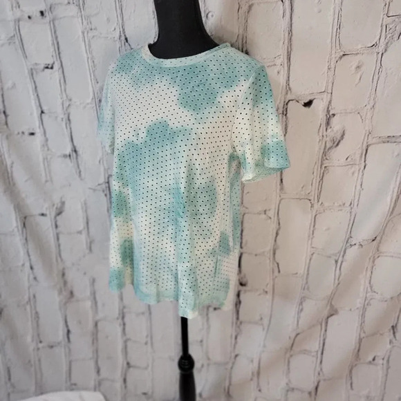 WHITE Turquoise Marble Dye Eyelet See Through Casual Short Sleeve Light Top L - Picture 2 of 6